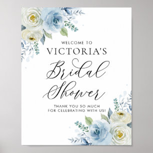 Poster Baby Shower de mariage aux roses bleu aquarelle et