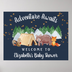 Poster Baby shower de nuit Rustique Woodland Animaux