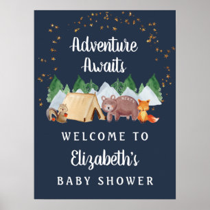 Poster Baby shower de nuit Rustique Woodland Animaux