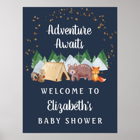 Poster Baby shower de nuit Rustique Woodland Animaux (Devant)