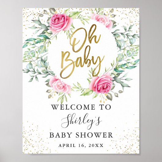 Poster Baby shower de Parties scintillant rose Floral (Devant)