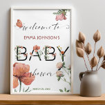 Poster Baby shower de Poppies rose aquarelle Bienvenue<br><div class="desc">Bienvenue amis et famille à votre fête de baby shower avec cet élégant poster de bienvenue fleurs sauvages de couleur de l'eau. Prêt à être personnalisé par vous !</div>