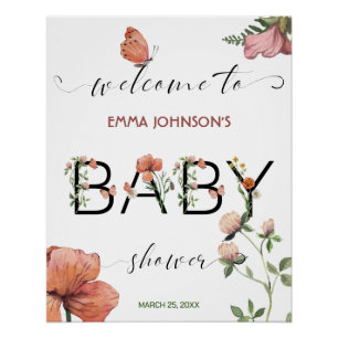 Poster Baby shower de Poppies rose aquarelle Bienvenue