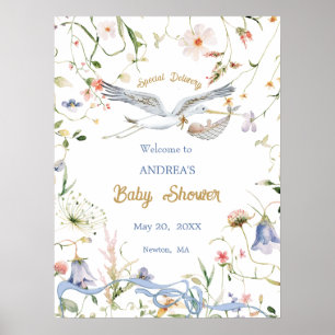 Poster Baby shower de ruban Fleur sauvage Stork Bienvenue