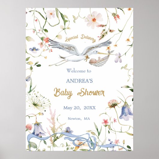 Poster Baby shower de ruban Fleur sauvage Stork Bienvenue (Devant)
