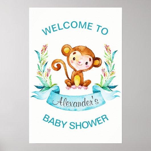Poster Baby shower de singe d'aquarelle (Devant)