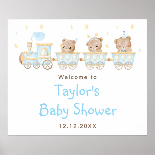 Poster Baby shower de train Bear Blue (Devant)