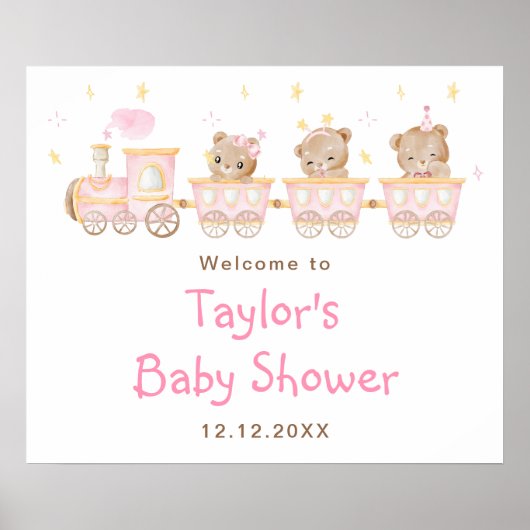 Poster Baby shower de train rose Ours (Devant)