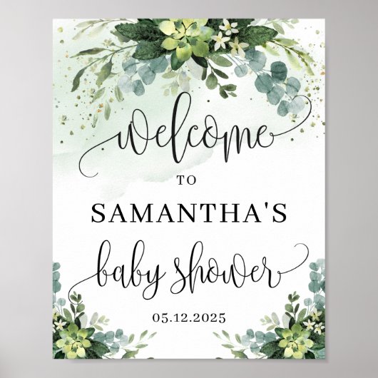 Poster Baby shower de verdure succulent signe de bienvenu (Devant)