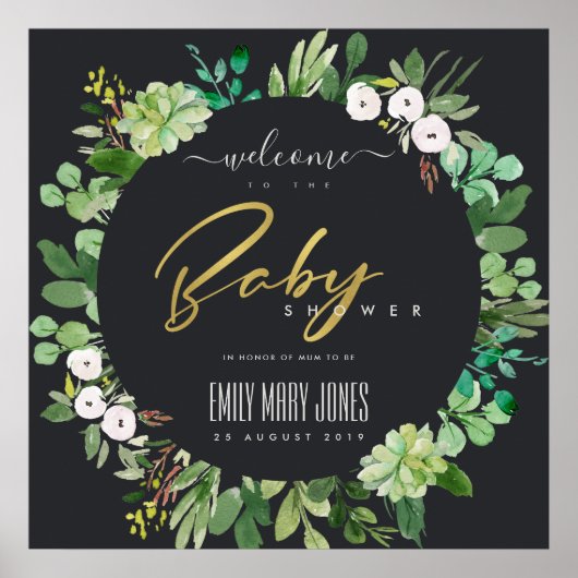 POSTER BABY SHOWER D'EAU DE COULEUR FOLIAGE SUCCULTE BIEN (Devant)