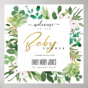 POSTER BABY SHOWER D'EAU DE COULEUR FOLIAGE SUCCULTE BIEN