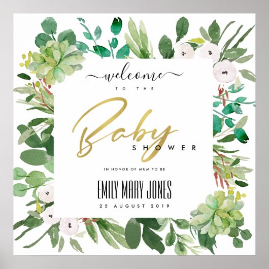 POSTER BABY SHOWER D'EAU DE COULEUR FOLIAGE SUCCULTE BIEN (Devant)