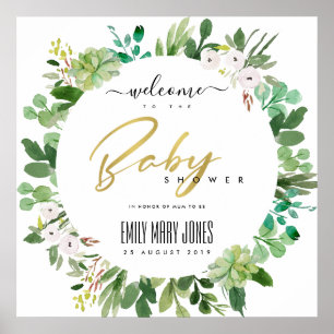 POSTER BABY SHOWER D'EAU DE COULEUR FOLIAGE SUCCULTE BIEN