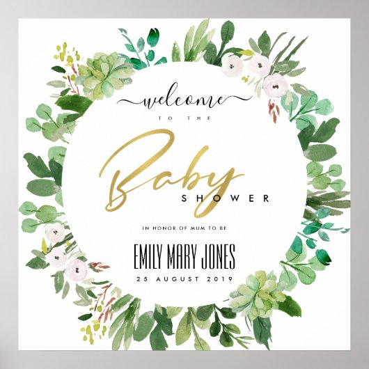 POSTER BABY SHOWER D'EAU DE COULEUR FOLIAGE SUCCULTE BIEN (Devant)