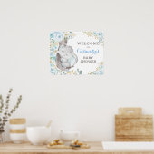 Poster Baby shower d'éléphant bleu doux à fleurs Bienvenu (Cuisine)