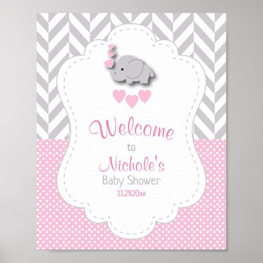 Poster Baby shower d'éléphant rose et gris blanc (Devant)