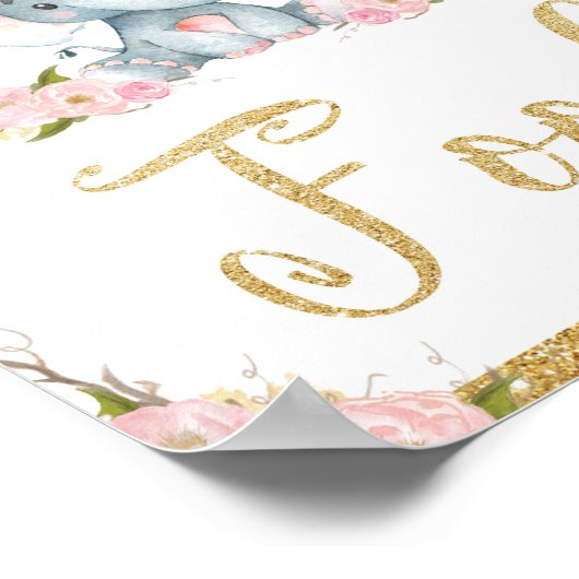Poster Baby shower d'éléphant rose Floral (Coin)