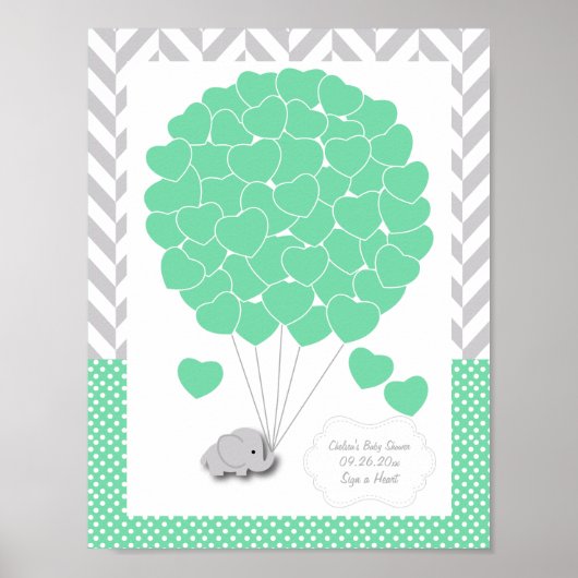 Poster Baby shower d'éléphant vert, gris blanc - Invité (Devant)