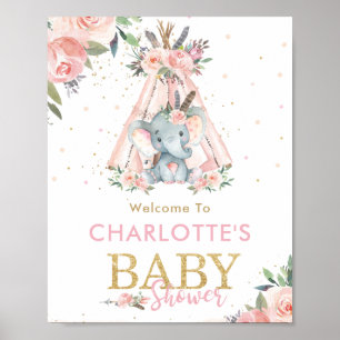 Poster Baby shower d'éléphants floraux rose Tribal Bienve