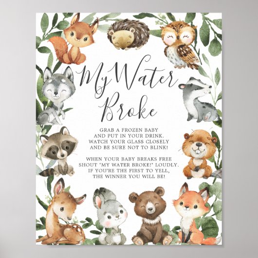 Poster Baby shower des animaux de bois Mon eau Broke (Devant)