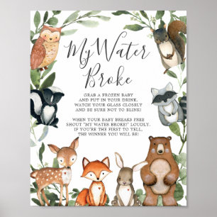 Poster Baby shower des animaux de bois Mon eau Broke Sign
