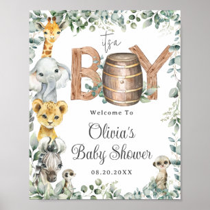 Poster Baby shower des animaux de la Jungle verdoyante Bi