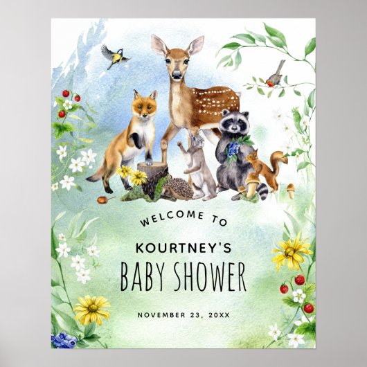 Poster Baby shower des animaux forestiers de bois Bienven (Devant)