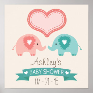 Poster Baby shower des éléphants roses et Turquoises jume