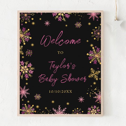 Poster Baby shower des flocons d'or et de rose