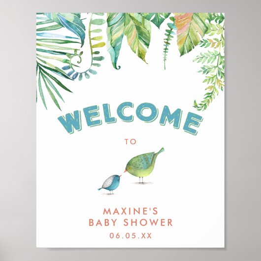 Poster Baby shower des oiseaux tropicaux Bienvenue (Devant)