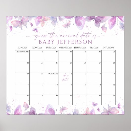 Poster Baby shower des papillons Guides Date d'échéance C (Devant)