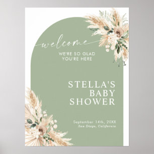 Poster Baby shower d'herbe Boho Green Pampas