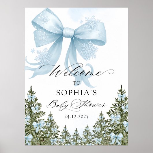 Poster Baby shower d'hiver Blue Bow (Devant)