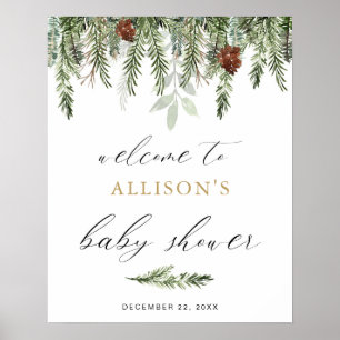 Poster Baby shower d'hiver du pin vert signe de bienvenue