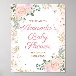 Poster Baby shower d'hiver Pink Floral Snowflakes