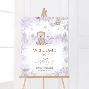 Poster Baby shower d'ours d'hiver violet Bienvenue