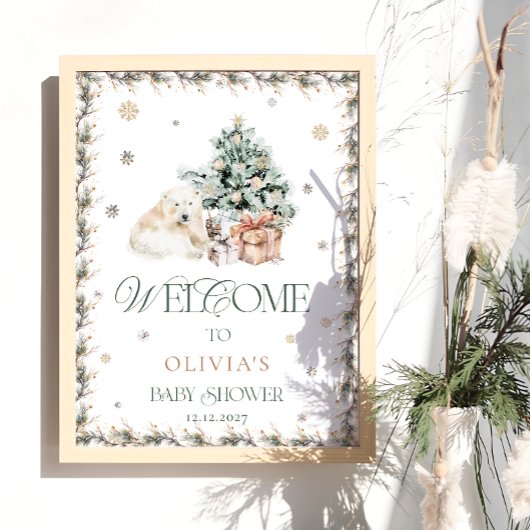Poster Baby shower d'ours polaire mignon d'hiver Bienvenu