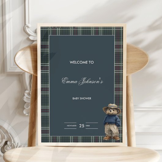 Poster Baby shower d'ours rustique Tartan