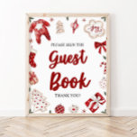 Poster Baby shower du livre d'hôtes Red Winter Christmas<br><div class="desc">Red Winter Noël Invité Livre Baby shower Jeu</div>