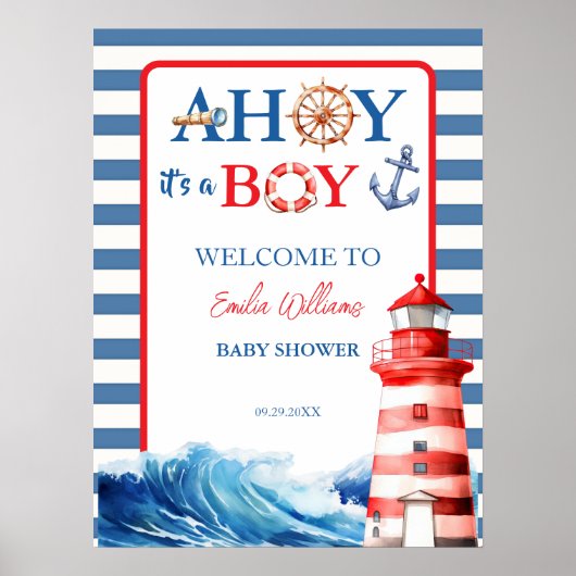 Poster Baby shower du phare bleu rouge Ahoy Boy (Devant)