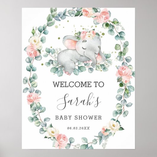 Poster Baby shower éléphant Flore verdure Bienvenue (Devant)