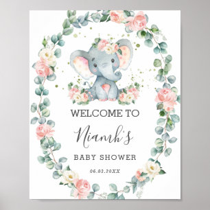Poster Baby shower éléphant Flore verdure Bienvenue
