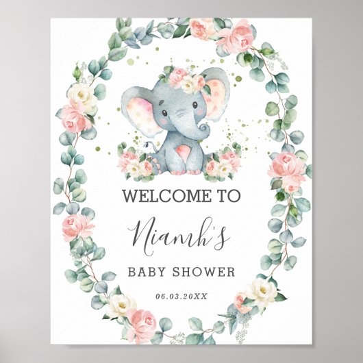 Poster Baby shower éléphant Flore verdure Bienvenue (Devant)