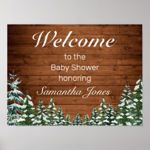Poster Baby shower en bois neigeux et pin forestier Affic