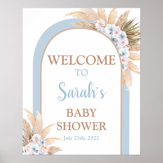 Poster Baby shower en laiton bleu Pampas Symbole de bienv (Devant)