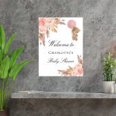 Poster Baby shower en peluche ours pampas herbe rose rous