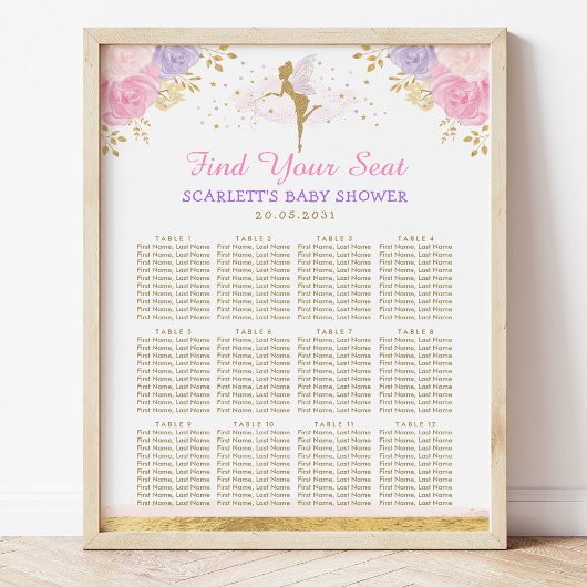 Poster Baby shower Fée Rose Violet Floral Fairy
