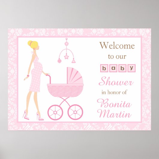 Poster Baby shower femme rose Damask Blonde (Devant)