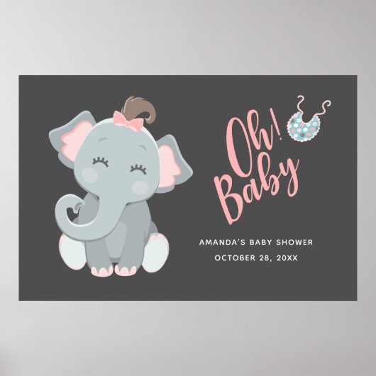 Poster Baby shower fille Eléphant mignon (Devant)