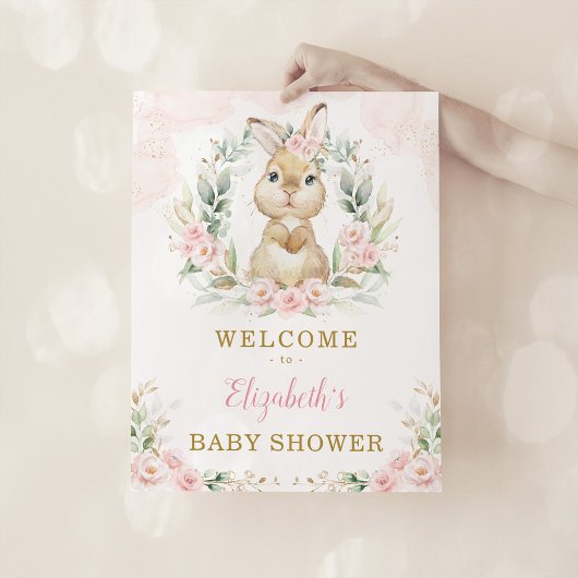 Poster Baby shower Fille Lapin Rose Floral Lapin Rabbit B